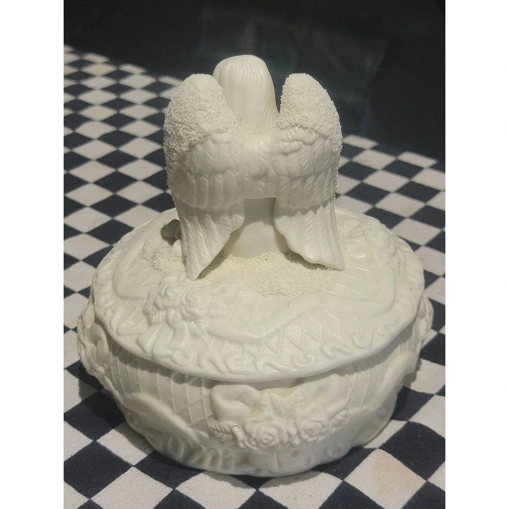 Ivory Ceramic Praying Angel Trinket Box Cherub Keepsake Dish Floral Decor 7